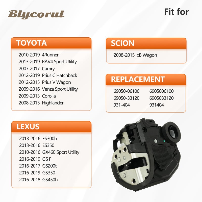 محرك قفل الباب الجانبي الأيمن من Blycorul متوافق مع Camry، 4Runner، Rav4، Lexus RX350 RX450h، Scion xB | يستبدل 931-404، 69050-06100 - Image 2